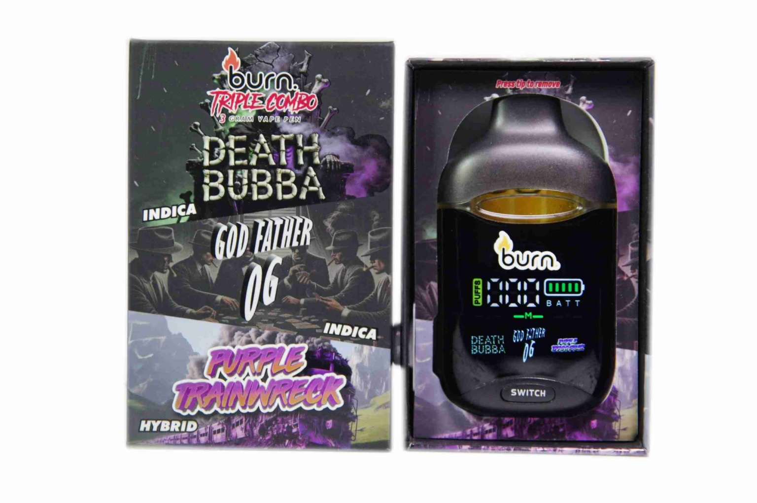 Burn 3G Triple Combo Vape - Death Bubba + Godfather OG + Purple Trainwreck