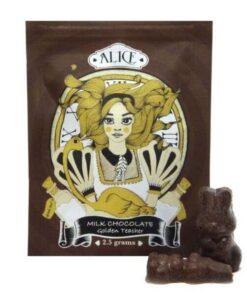 Alice Mushroom Chocolate - 2500mg, featuring milk chocolate with Golden Teacher mushrooms, in a decorative package.