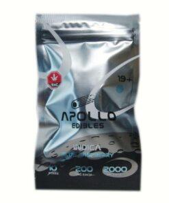Apollo Edibles – Blue Raspberry Shooting Stars 2000mg (Indica) packaging featuring 10 stars, 200mg each, ideal for cannabis enthusiasts.