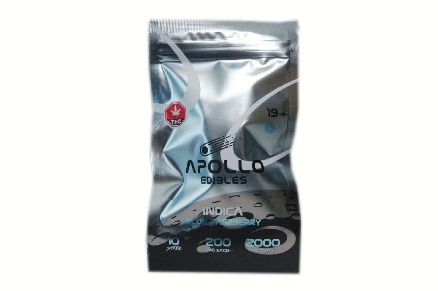 Apollo Edibles – Blue Raspberry Shooting Stars 2000mg (Indica) packaging featuring 10 stars, 200mg each, ideal for cannabis enthusiasts.