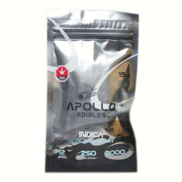 Apollo Edibles – Blue Raspberry Shooting Stars 3000mg (Indica) packaging featuring 12 star-shaped gummies, ideal for cannabis enthusiasts.