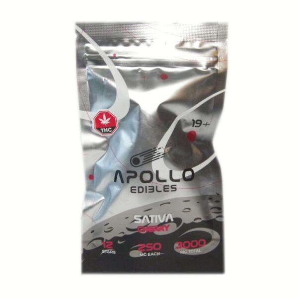 Apollo Edibles – Cherry Shooting Stars 3000mg (Sativa) packaging showcasing 12 star-shaped edibles, each with 250mg THC.