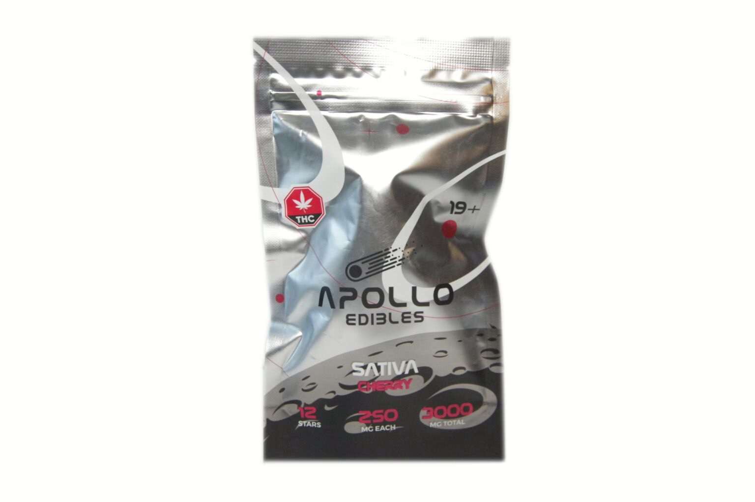 Apollo Edibles – Cherry Shooting Stars 3000mg (Sativa) packaging showcasing 12 star-shaped edibles, each with 250mg THC.