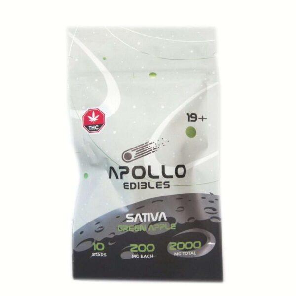 Apollo Edibles – Green Apple Shooting Stars 2000mg (Sativa) packaging showcasing vibrant design and THC content.