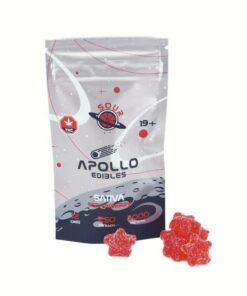 Apollo Edibles – Sour Strawberry Shooting Stars 3000mg (Sativa) packaging with red star-shaped gummies, ideal for cannabis enthusiasts.