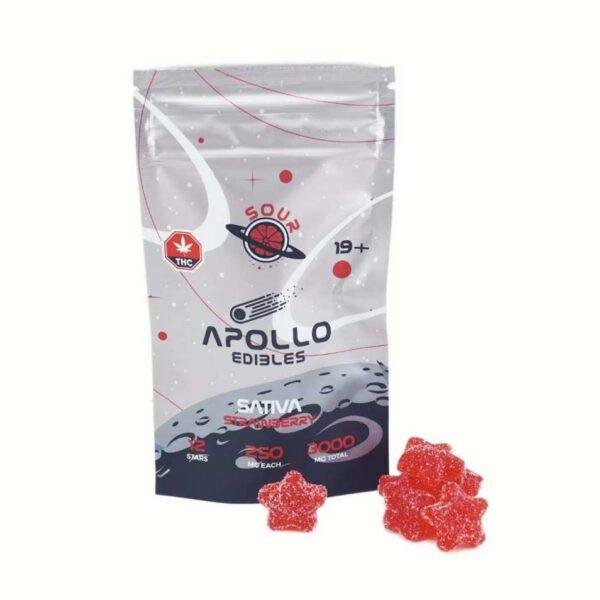 Apollo Edibles – Sour Strawberry Shooting Stars 3000mg (Sativa) packaging with red star-shaped gummies, ideal for cannabis enthusiasts.