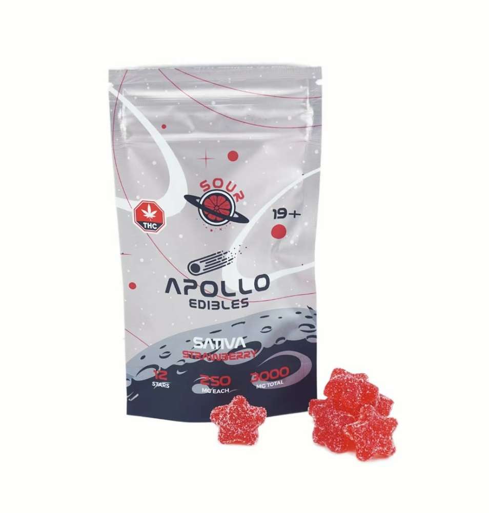 Apollo Edibles – Sour Strawberry Shooting Stars 3000mg (Sativa) packaging with red star-shaped gummies, ideal for cannabis enthusiasts.