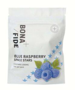 Bonafide Blue Raspberry Space Stars 1000mg package featuring vibrant blue raspberries and star graphics, ideal for cannabis enthusiasts.
