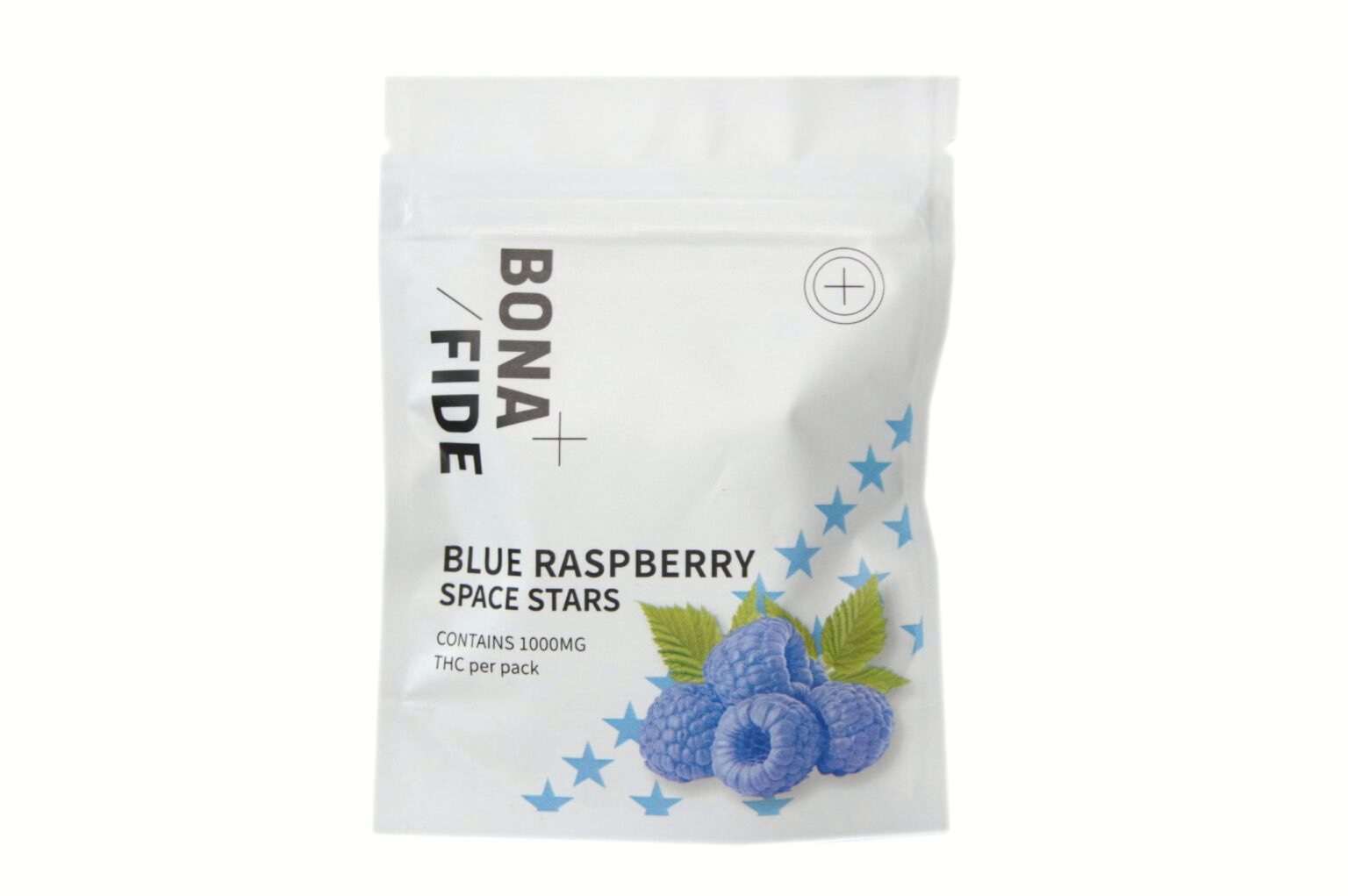 Bonafide Blue Raspberry Space Stars 1000mg package featuring vibrant blue raspberries and star graphics, ideal for cannabis enthusiasts.