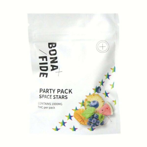 Bonafide Party Pack Space Stars 1000mg packaging featuring colorful fruit graphics, ideal for cannabis enthusiasts in Abbotsford.