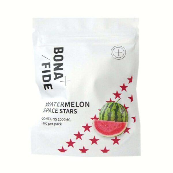 Bonafide Watermelon Space Stars 1000mg packaging featuring a watermelon graphic and star design, ideal for cannabis edibles.