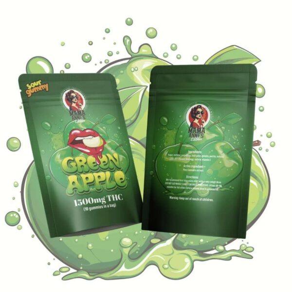 Mama Anne’s Edibles – Green Apple 1500mg packaging featuring vibrant green design and product details for cannabis gummies.