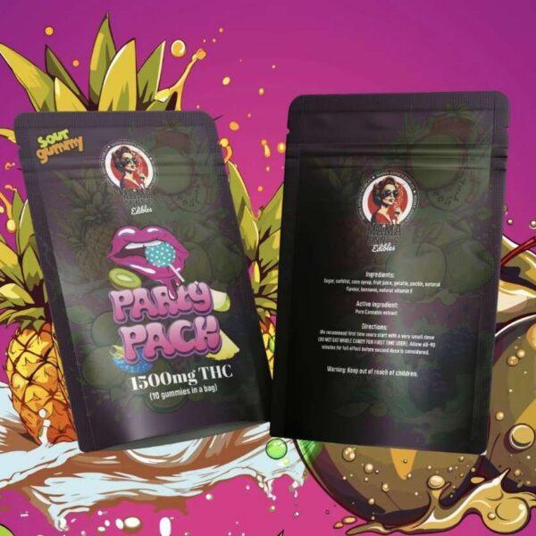 Mama Anne’s Edibles – Party Pack 1500mg featuring colorful packaging with sour gummy graphics, ideal for cannabis enthusiasts.