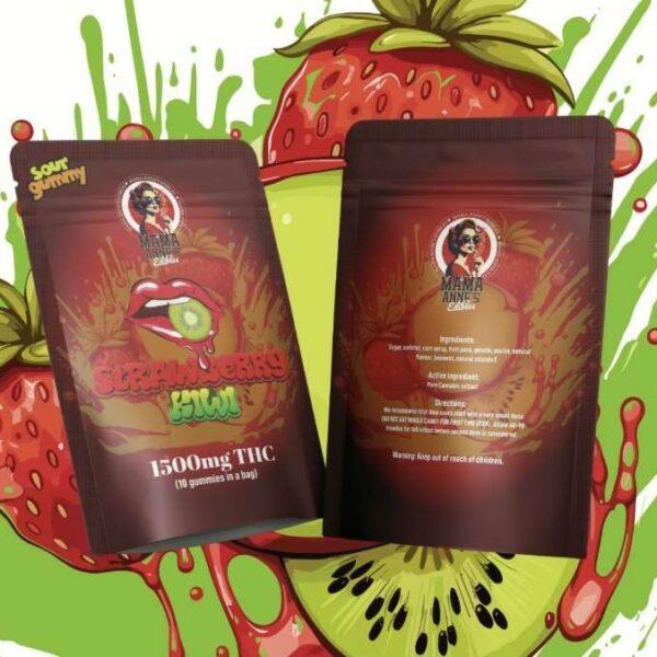 Mama Anne’s Edibles – Strawberry Kiwi 1500mg packaging featuring vibrant colors and details, ideal for cannabis delivery in Fraser Valley.