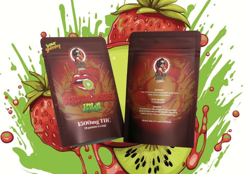 Mama Anne’s Edibles – Strawberry Kiwi 1500mg packaging featuring vibrant colors and details, ideal for cannabis delivery in Fraser Valley.