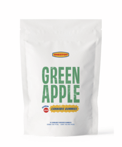 Prime Buds – Sour Green Apple Gummies 500mg package featuring vibrant green text and cannabis branding, perfect for edibles lovers.