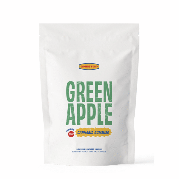 Prime Buds – Sour Green Apple Gummies 500mg package featuring vibrant green text and cannabis branding, perfect for edibles lovers.