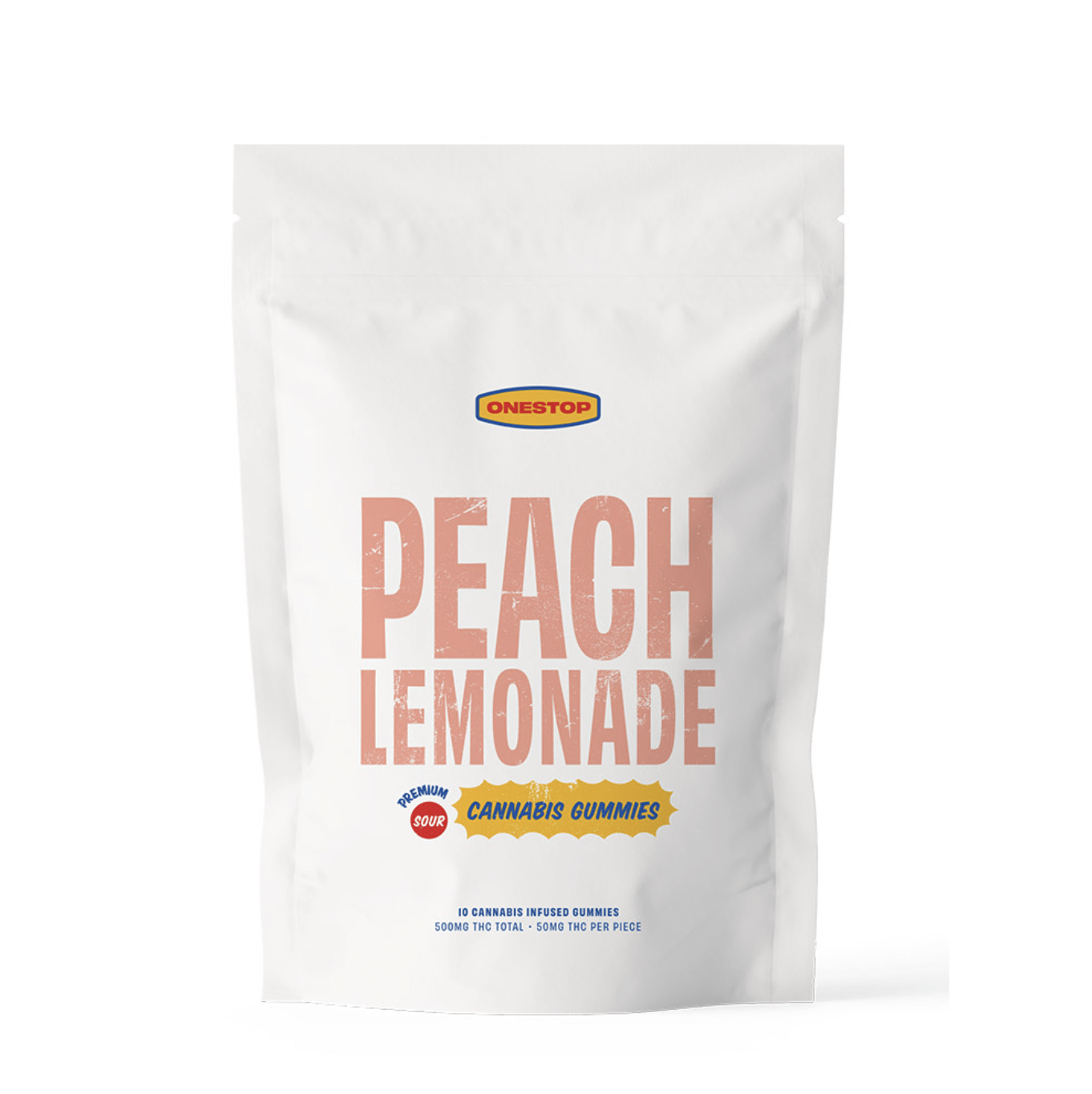 Prime Buds – Sour Peach Lemonade Gummies 500mg package featuring 10 cannabis-infused gummies, ideal for same-day delivery in Abbotsford.