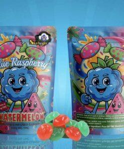 Sky High Edibles – Blue Raspberry + Watermelon 3000mg cannabis-infused gummies in vibrant packaging with colorful gummies displayed.
