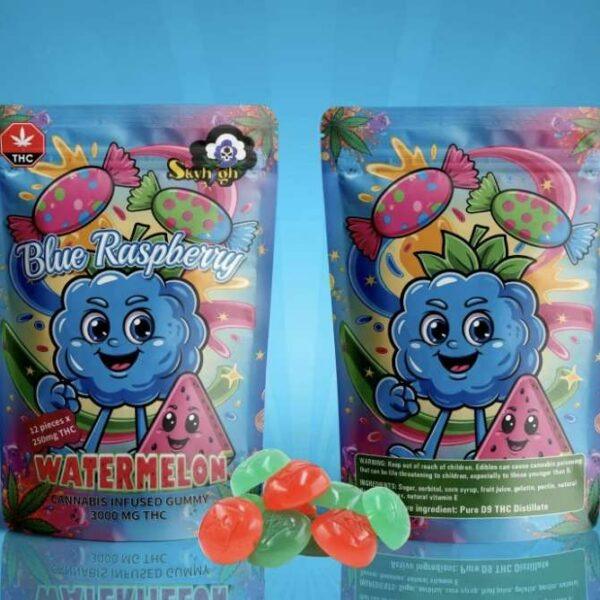 Sky High Edibles – Blue Raspberry + Watermelon 3000mg cannabis-infused gummies in vibrant packaging with colorful gummies displayed.