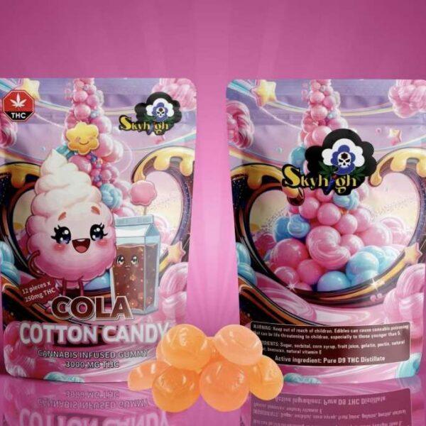 Sky High Edibles – Cola + Cotton Candy 3000mg gummy packaging featuring colorful designs and THC content, ideal for cannabis delivery in Fraser Valley.