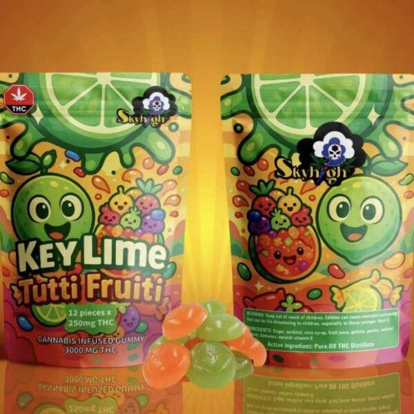 Sky High Edibles – Key Lime + Tutti Frutti 3000mg gummy packaging featuring vibrant colors and playful design.