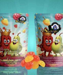 Sky High Edibles – Pear + Royal Raspberry 3000mg gummy packaging featuring vibrant colors and cartoon characters.