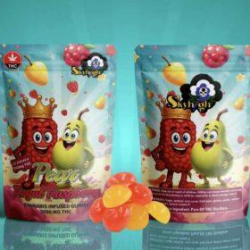 Sky High Edibles – Pear + Royal Raspberry 3000mg gummy packaging featuring vibrant colors and cartoon characters.