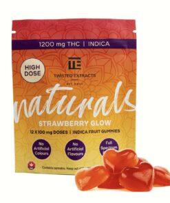 Twisted Extracts Naturals – Strawberry Glow 1200mg (Indica) gummies in vibrant orange packaging, featuring heart-shaped edibles.
