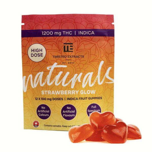 Twisted Extracts Naturals – Strawberry Glow 1200mg (Indica) gummies in vibrant orange packaging, featuring heart-shaped edibles.