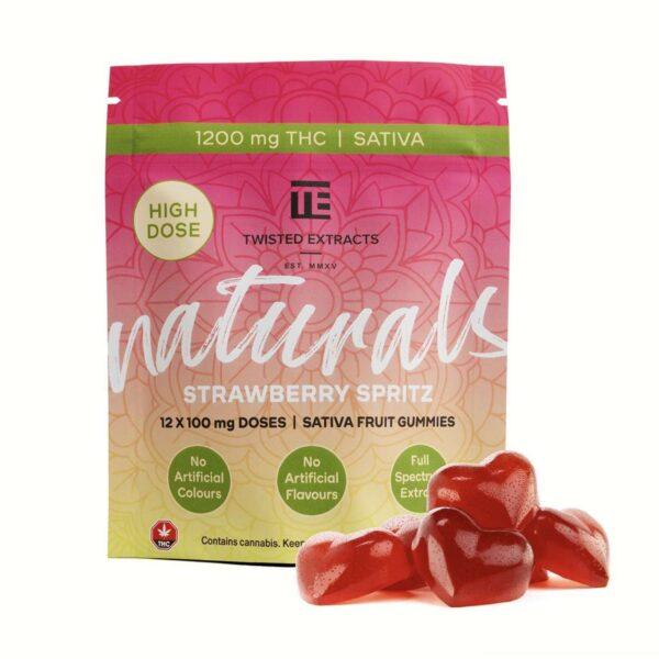 Twisted Extracts Naturals – Strawberry Spritz 1200mg (Sativa) fruit gummies, featuring vibrant red hearts and packaging highlighting high dose and no artificial additives.