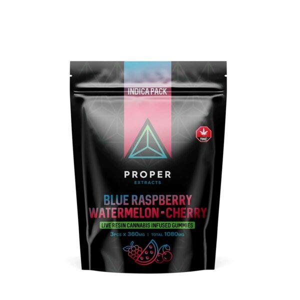 Proper Extracts 1080mg Live Resin Gummies Indica Pack Blue Raspberry Watermelon Cherry