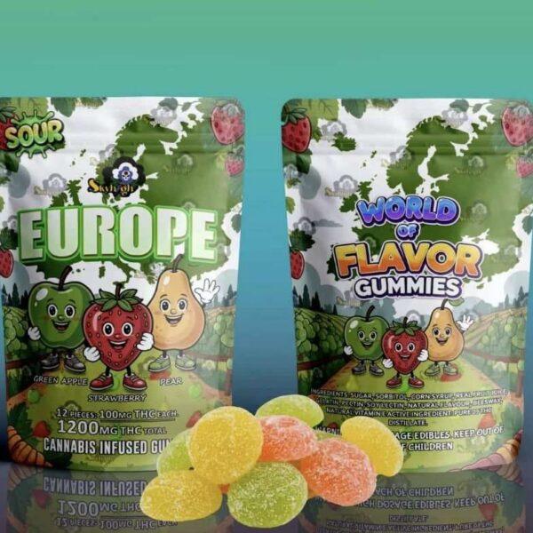 Sky High Edibles World of Flavor Europe Gummies 1200mg THC sour green apple strawberry and pear