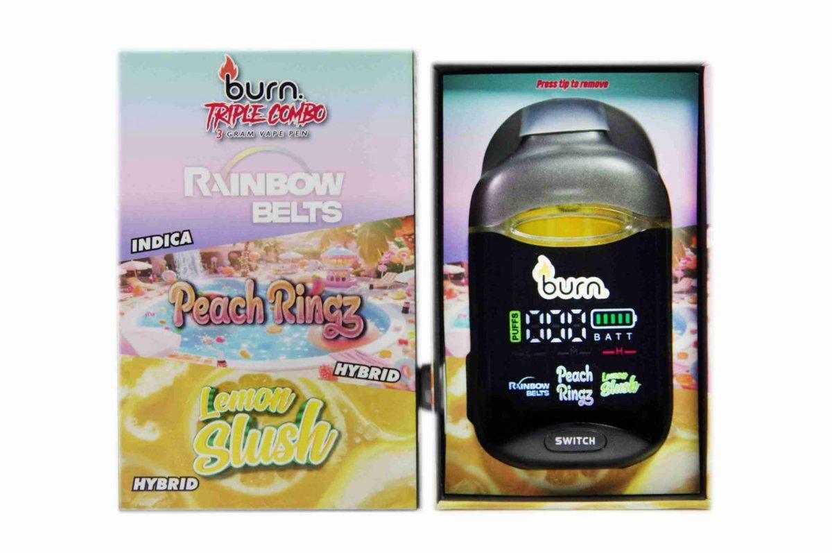 Burn 3G Triple Combo Vape (3 x 1 Gram) - Rainbow Belts (I) + Peach Ringz (H) + Lemon Slush (H)