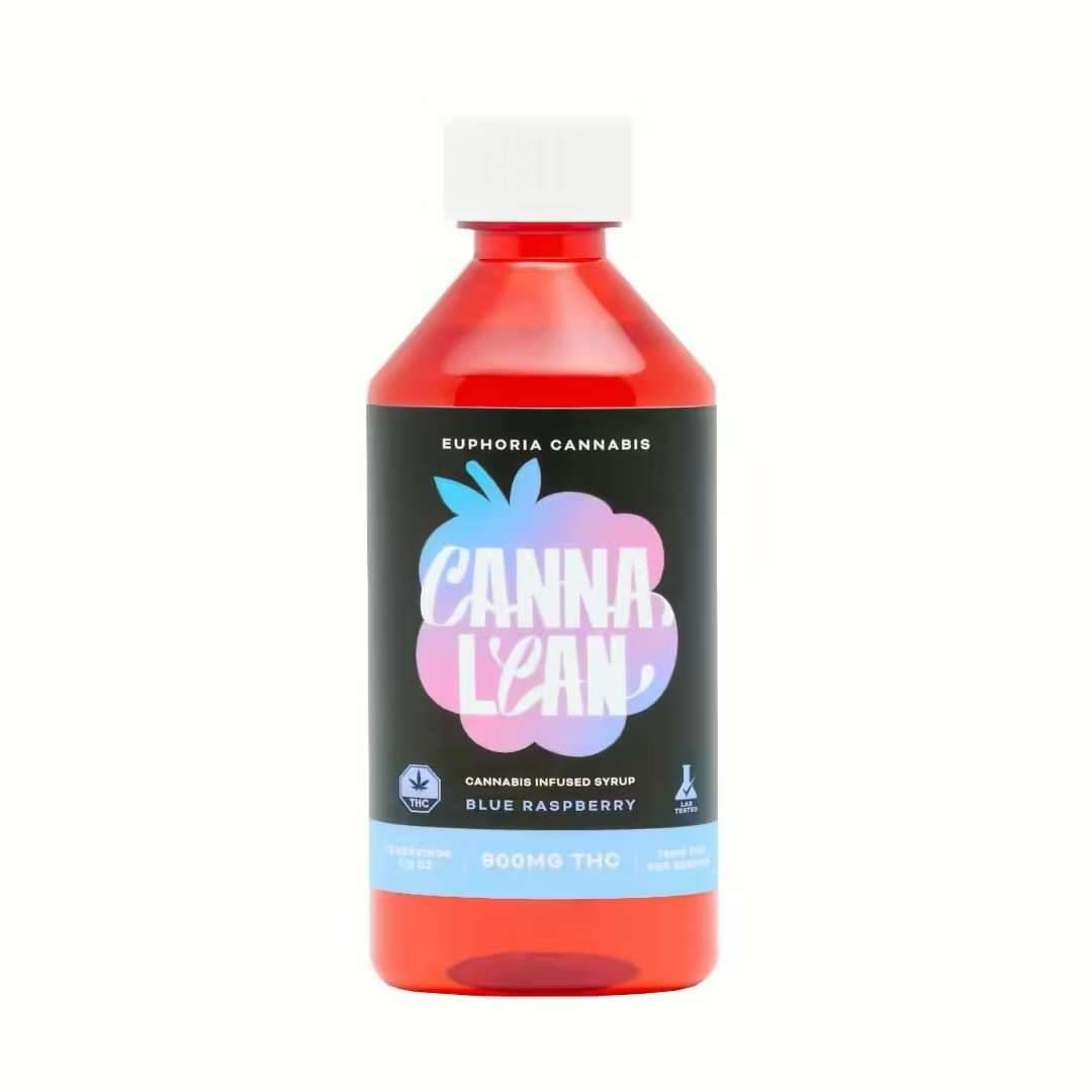 Bottle of Euphoria Canna Lean Blue Raspberry cannabis-infused syrup, 900mg THC