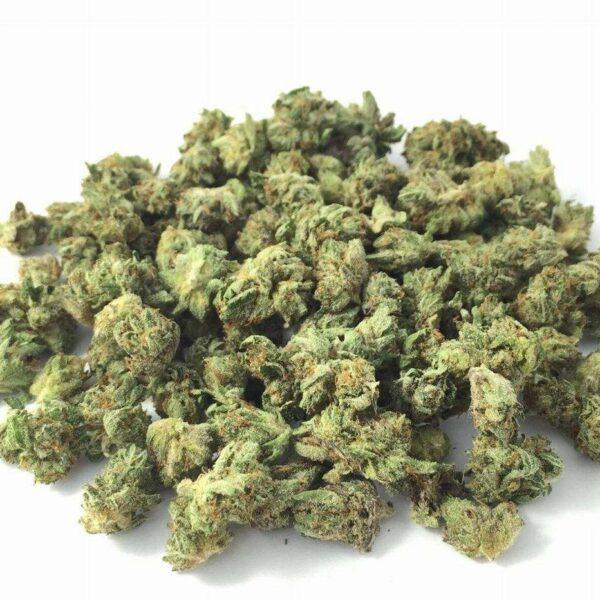 Close-up image of Green Crack Smalls popcorn buds, a AAA sativa cannabis flower with a THC range of 18%-23%.
