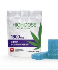 High Dose Extreme Strength Sour Raspberry fruit gummy package, 1600mg THC, indica