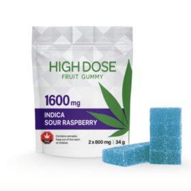 High Dose Extreme Strength Sour Raspberry fruit gummy package, 1600mg THC, indica