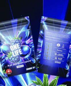 One Life Blue Raspberry cannabis gummy package, 300mg THC, indica strain