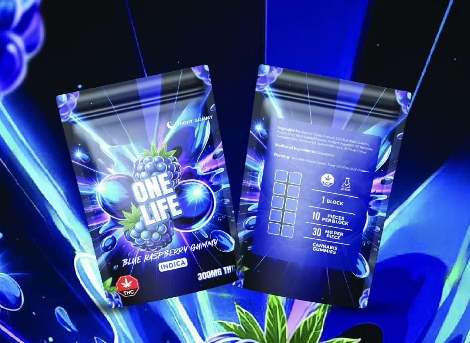 One Life Blue Raspberry cannabis gummy package, 300mg THC, indica strain