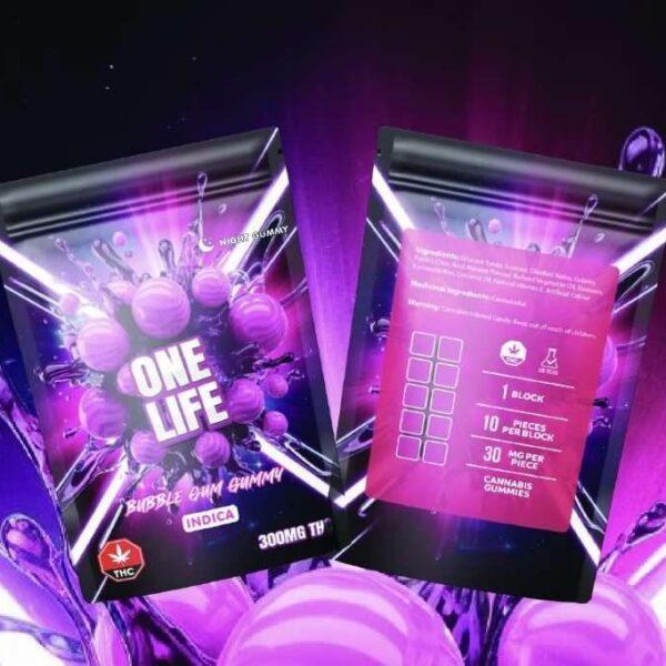 One Life Bubble Gum cannabis gummy package, 300mg THC, indica strain