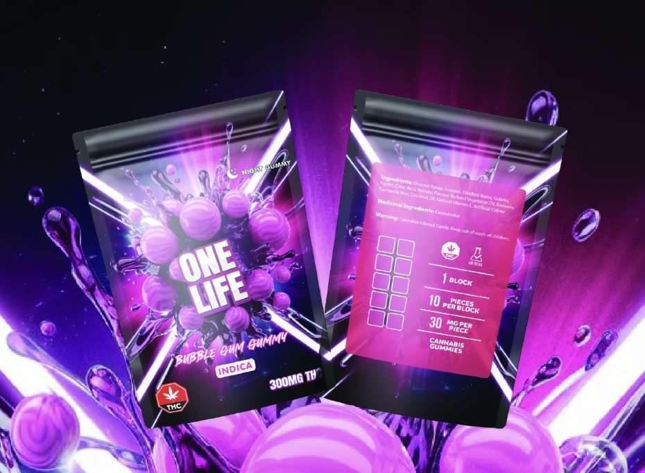One Life Bubble Gum cannabis gummy package, 300mg THC, indica strain
