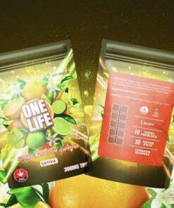 One Life Citrus Blossom cannabis gummy package, 300mg THC, sativa strain