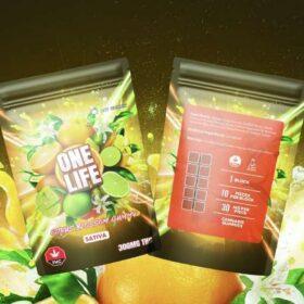 One Life Citrus Blossom cannabis gummy package, 300mg THC, sativa strain