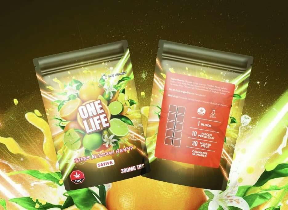 One Life Citrus Blossom cannabis gummy package, 300mg THC, sativa strain