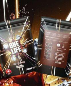 One Life Cola cannabis gummy package, 300mg THC, indica strain