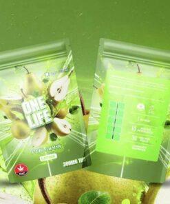 One Life Pear cannabis gummy package, 300mg THC, sativa strain