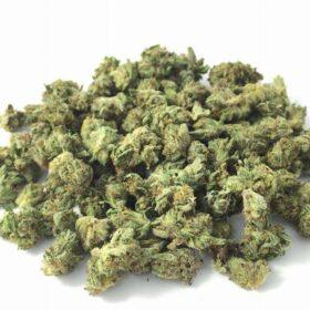 Close-up image of Rockstar Smalls popcorn buds, a AAA indica cannabis flower with a THC range of 18%-23%.