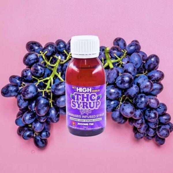 Bottle of Sky High Edibles THC syrup, Grape flavour, 3000mg THC