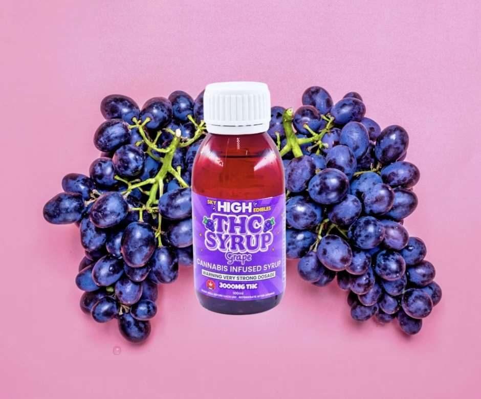 Bottle of Sky High Edibles THC syrup, Grape flavour, 3000mg THC